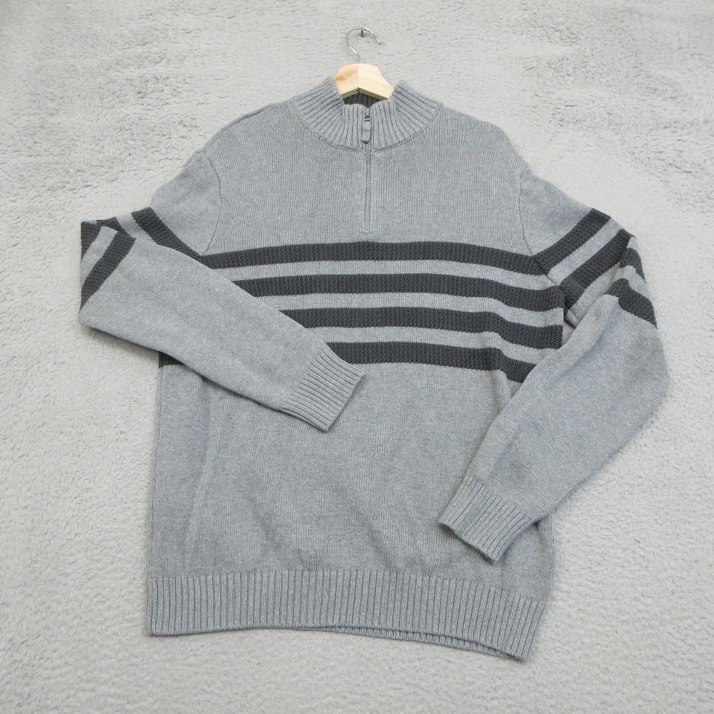 Tahari Quarter Zip Sweater Mens Large Grey Striped Preppy Officecore Pullover